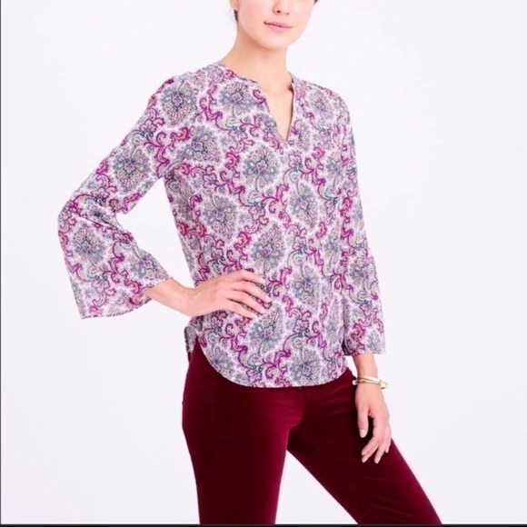 J. Crew Pink Paisley Bell Sleeve Blouse Size Small - Picture 1 of 11